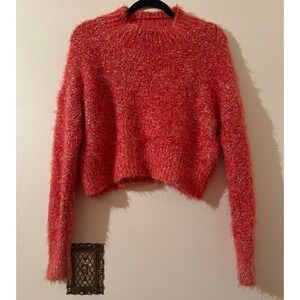 Free People Stardust Shaggy Fuzzy Cropped Mock Neck Sweater XS Red Cozy Boho